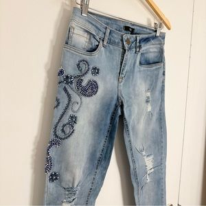 Handmade Beaded Light Wash Skinny Jeans Unique Embellished Denim